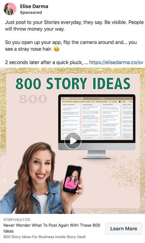 Przykładowy zrzut ekranu postu sponsorowanego przez elise darma promującego 800 pomysłów na historie