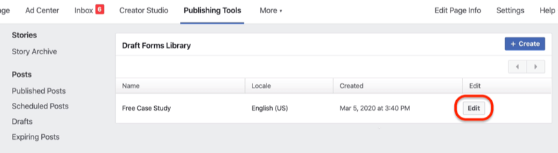 Formularz kontaktowy na Facebooku w bibliotece Draft Forms