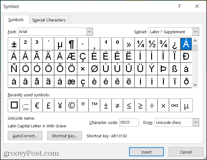 Symbole znaków akcentu w programie Word
