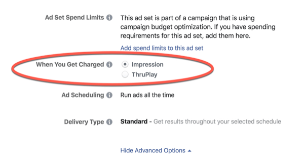 Opłaty za optymalizację Facebook ThruPlay.
