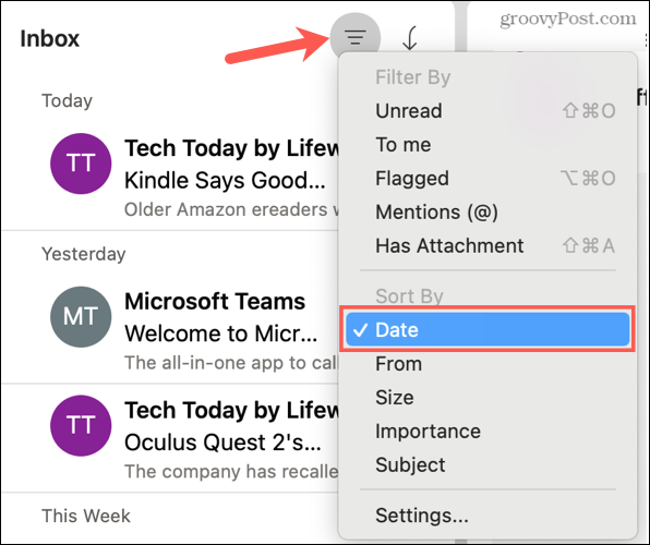 Sortuj według daty w Outlooku na Macu