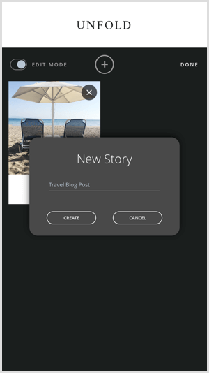Stuknij ikonę +, aby utworzyć nową historię za pomocą Unfold.
