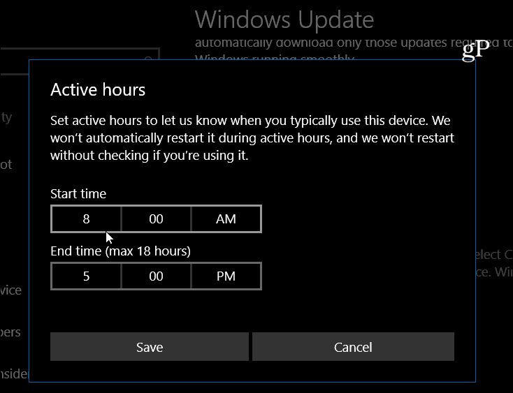 System Windows 10 ustawia aktywne godziny