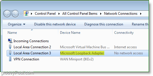 Screenshot Windows 7 Networking - karta Microsoft Loopback widoczna w oknie połączeń sieciowych