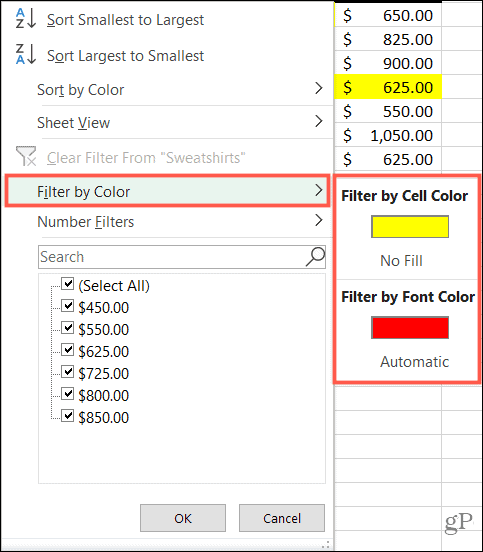 Filtruj według koloru w programie Excel