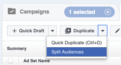 W edytorze Facebook Power Editor kliknij strzałkę po prawej stronie opcji Duplikuj i wybierz Podziel odbiorców.