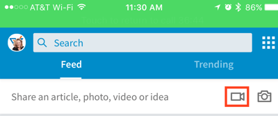 Kliknij ikonę kamery wideo, aby utworzyć aktualizację wideo LinkedIn.
