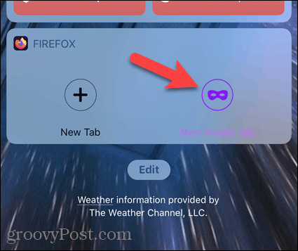 Stuknij Nowa karta prywatna w widżecie Firefox w iOS