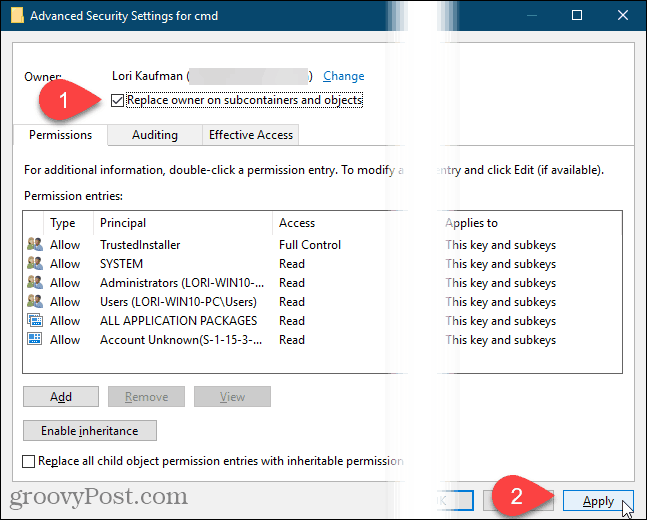Kliknij przycisk Zastosuj w oknie dialogowym Zaawansowane ustawienia zabezpieczeń w rejestrze systemu Windows