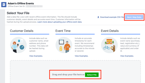 Możliwość przeciągnięcia i upuszczenia pliku danych do Facebook Ads Manager.