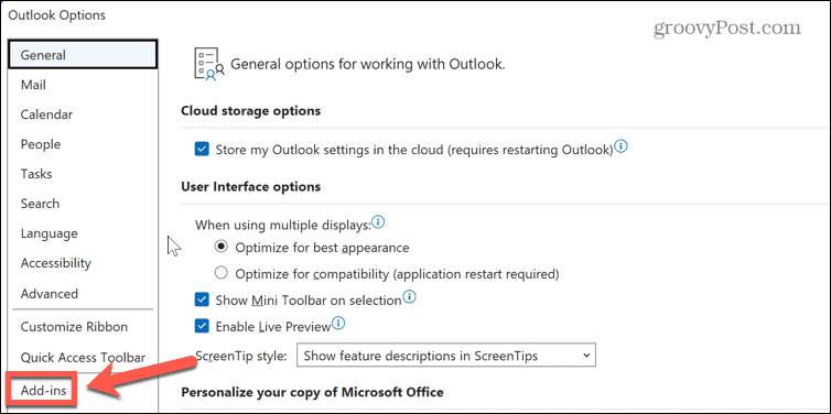 menu dodatków do programu Outlook