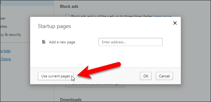 Kliknij opcję Użyj bieżących stron w Operze