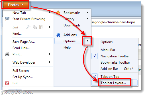 Opcje menu Firefox> Układ paska narzędzi