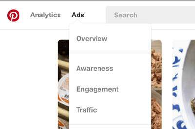 Sekcja Reklamy na Pinterest znajduje się w lewym górnym pasku nawigacyjnym.
