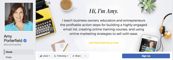 Amy Porterfield ma stronę biznesową, która zawiera profesjonalne zdjęcie profilowe oraz stronę tytułową, na której wyróżniono produkty i usługi oferowane przez jej firmę.