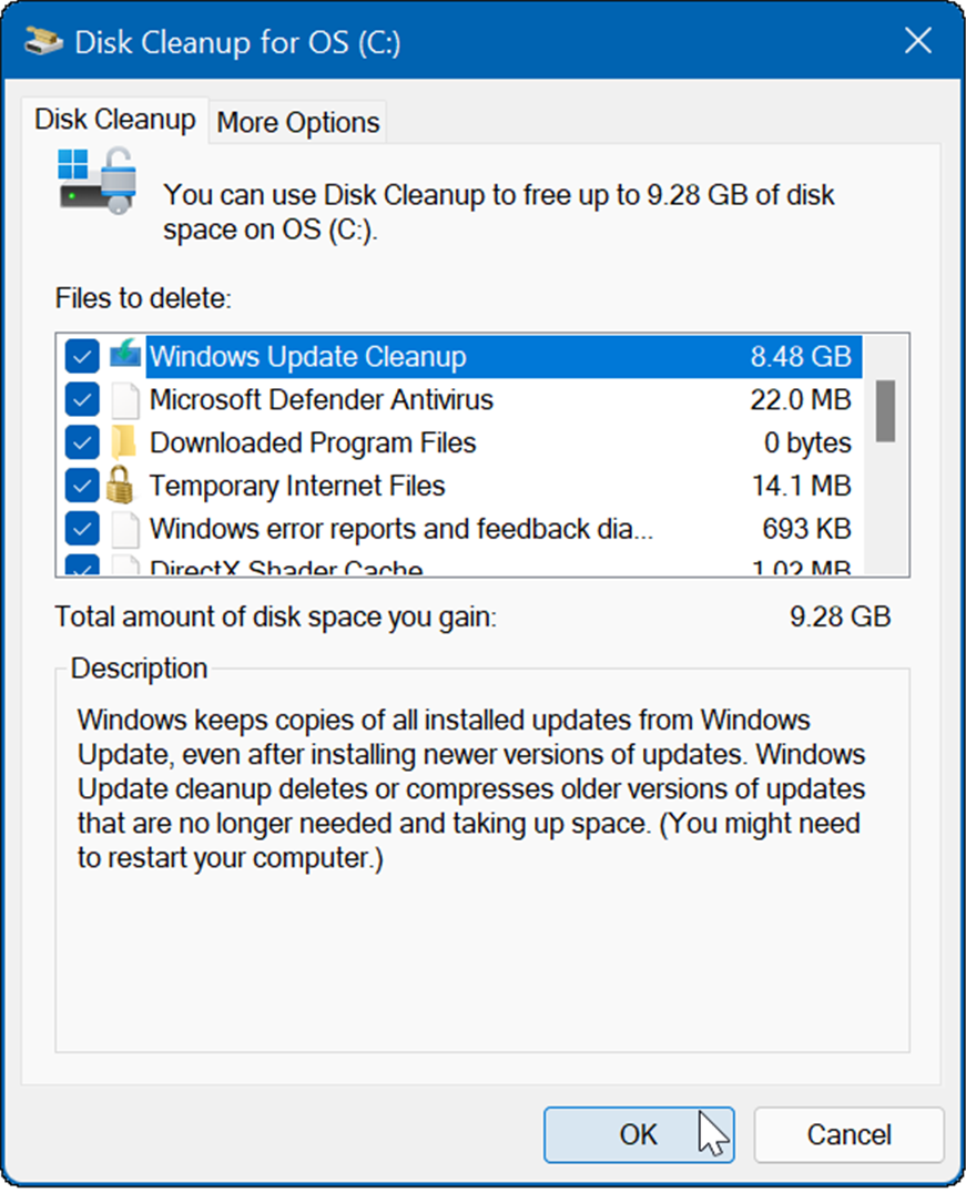 rezultatem będzie kilka plików tymczasowych, w tym Windows Update Cleanup