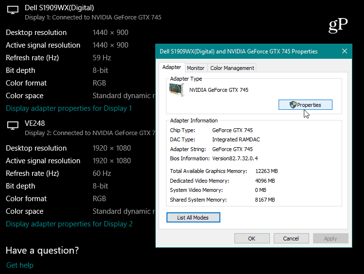 Właściwości karty graficznej Windows 10