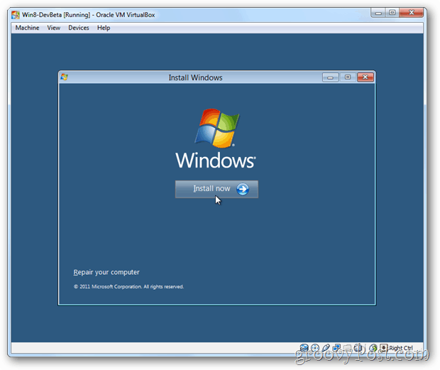 VirtualBox Windows 8 zainstaluj teraz okno