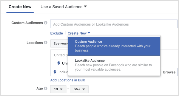Menedżer reklam na Facebooku tworzy niestandardowych odbiorców podczas konfiguracji reklamy
