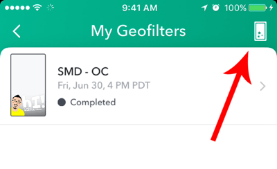 Jeśli wcześniej utworzyłeś geofiltr Snapchat, dotknij ikony tworzenia u góry ekranu.