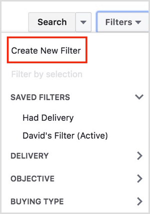 menedżer reklam na Facebooku utwórz nowy filtr