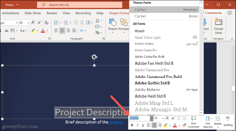 Czcionki na pasku narzędzi w PowerPoint w systemie Windows
