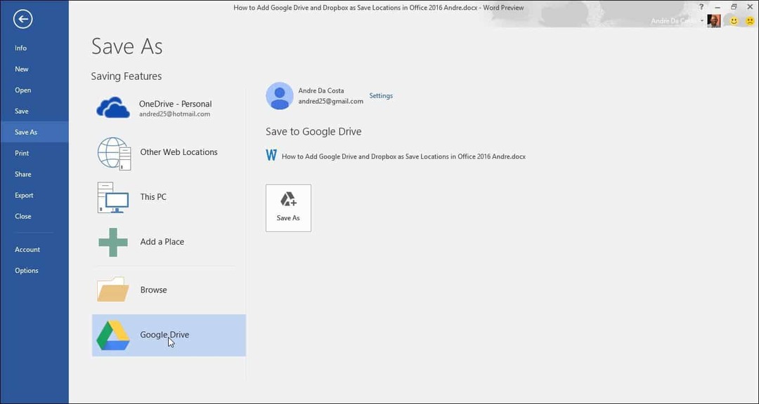 Dodaj Dysk Google i Dropbox jako Zapisz lokalizacje w pakiecie Microsoft Office