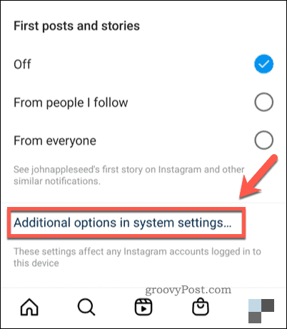 Otwórz ustawienia systemowe dla powiadomień na Instagramie