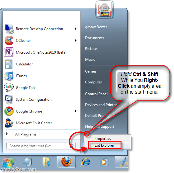 Przytrzymaj klawisze i kliknij prawym przyciskiem myszy menu Start, aby wyjść z Eksploratora Windows 7