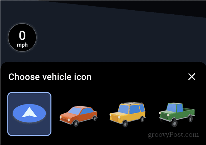 Wybór symbolu samochodu w Mapach Google
