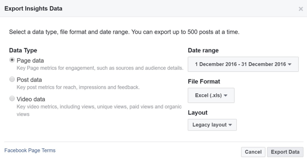 Wybierz typ danych, zakres, format pliku i układ danych Facebook Insights.