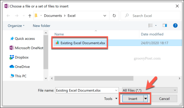Dodawanie pliku Excel jako załącznika do pliku w programie OneNote