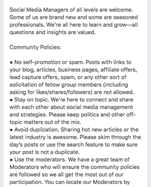 Oto przykład zasad grupy na Facebooku.
