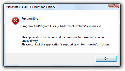 Biblioteka uruchomieniowa Microsoft Visual C ++ programu Internet Explorer 8 (IE8): Błąd czasu wykonania!