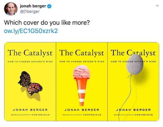 Jonah Berger tweetuje ze zdjęciami trzech możliwych okładek książek