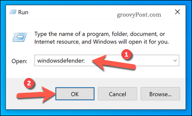 Otwieranie Zabezpieczeń Windows za pomocą Uruchom w systemie Windows