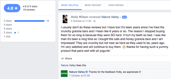 Klient Nature Valley zostawia opinię na stronie firmy na Facebooku.