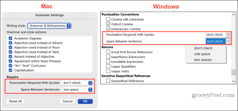Ustawienia interpunkcji na komputerach Mac i Windows