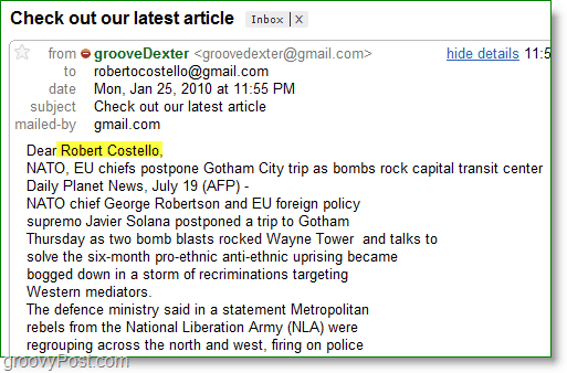 Zrzut ekranu programu Outlook 2010 — przykład spersonalizowanej poczty masowej