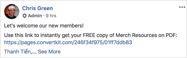 Ten post grupowy na Facebooku wita nowych członków i przypomina im o pobraniu bezpłatnego pliku PDF.