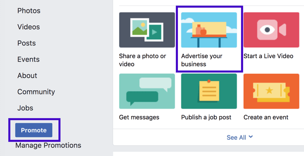 Możesz skonfigurować promocję lokalnej firmy na Facebooku z lewego paska bocznego lub z opcji postów na stronie.