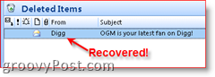 Trwale usunięty e-mail pokazujący, że został odzyskany w folderze Elementy usunięte