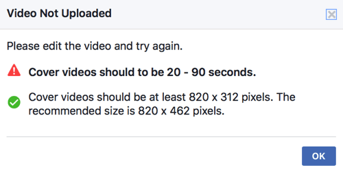 Jeśli Twój film w okładce nie spełnia jeszcze technicznych standardów Facebooka, nie będziesz mógł go przesłać bezpośrednio jako wideo w tle swojej strony.