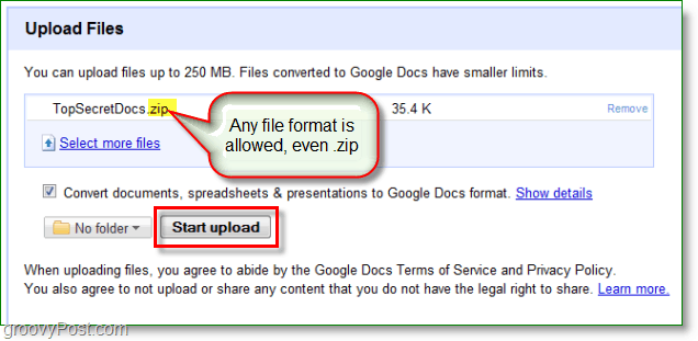 Zrzut ekranu Dokumentów Google - przesłano plik zip