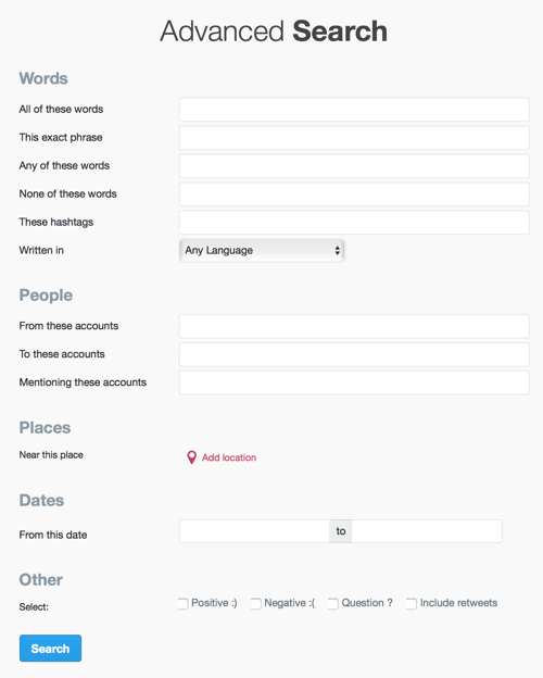 zaawansowane pola wyszukiwania na Twitterze, aby zawęzić wyszukiwanie