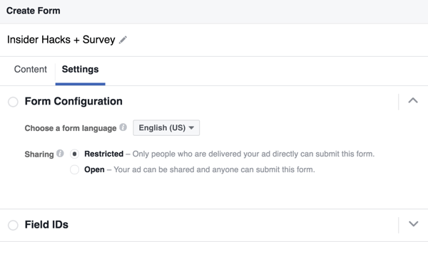 Możesz wybrać język swojego formularza kontaktowego na Facebooku.