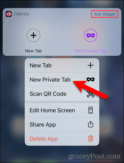 Naciśnij długo ikonę Firefox i wybierz Nowa karta prywatna na iOS