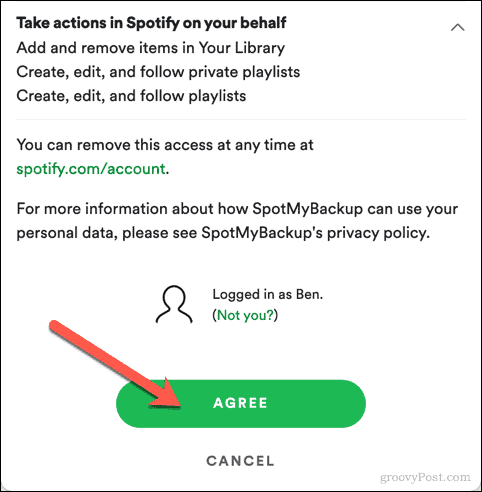 Zatwierdzanie dostępu SpotMyBackup do Spotify
