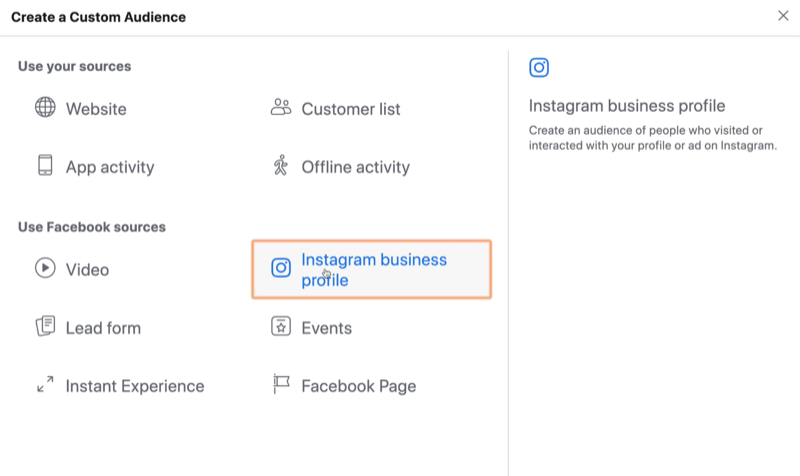 wybierz Instagram Business jako źródło niestandardowych odbiorców na Facebooku