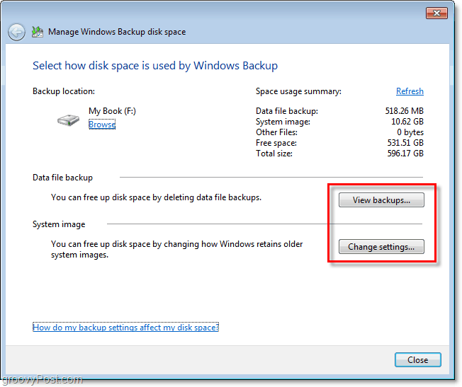 Kopia zapasowa systemu Windows 7 - wyświetl kopię zapasową lub zmień ustawienia, aby dostosować rozmiar